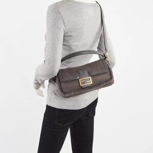 Fendi Anthracite Sheep Fur/Leather Baguette Bag
